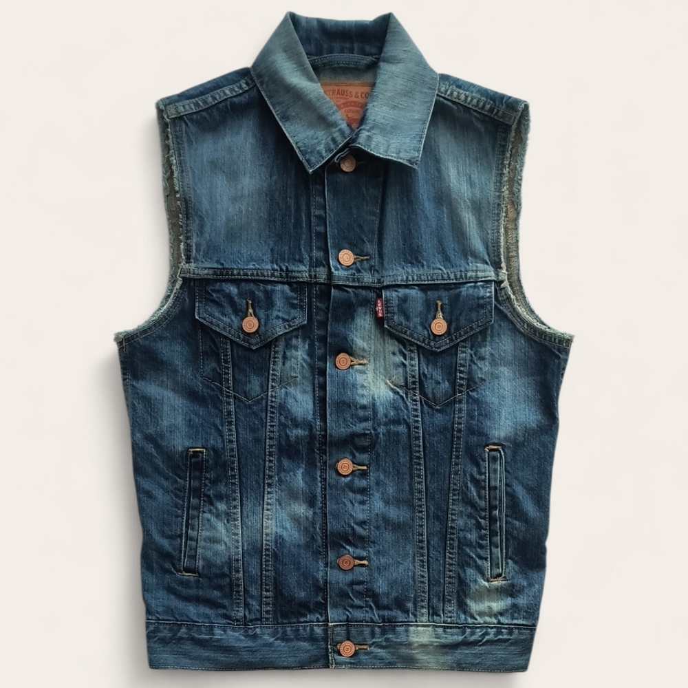 Levi's Mens Distressed Blue Denim Button Front Sleeveless Vest Size XS